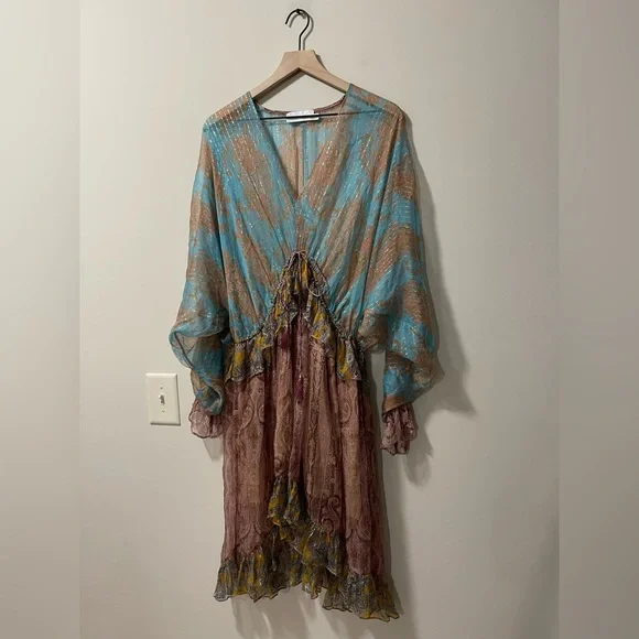 Zimmerman Realm Plunge Draw Bohemian Paisley Silk Ruffle High Low Dress Large